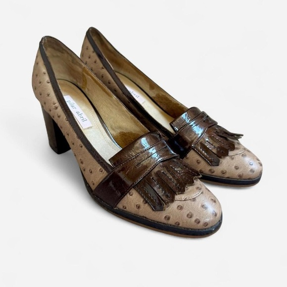 Pilar Abril Brown ostrich leather fring block heel loafers - Picture 4 of 8